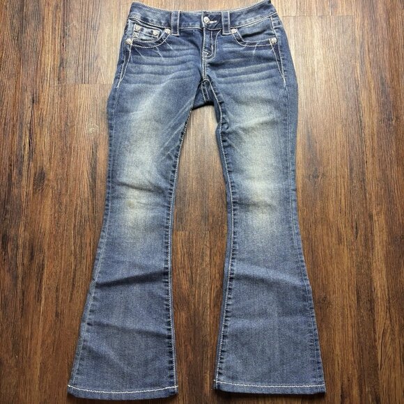 Miss Me Signature Flare Jeans Rhinestones Distressed Medium Wash Size 24 - Picture 1 of 12